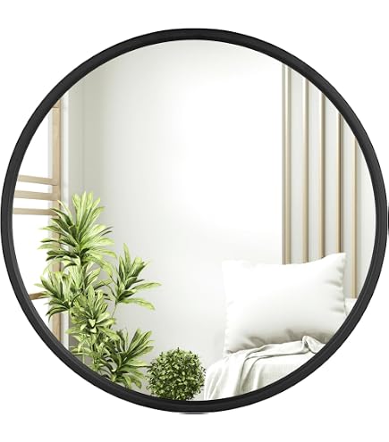 Miroir Rond à Suspendre 30 Cm - Cadre Noir PVC - Pour Salle De Bain, Chambre, Entrée - Léger Et Facile à Installer