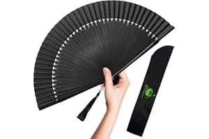 OMyTea Folding Hand Fan for Women - Foldable Chinese Japanese Vintage Bamboo Silk Fan - for Hot Flash, Church, Decoration, EDM, Music Festival, Dance, Party, Performance, Gift (Solid Sexy Black)