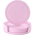 LISRSC Coasters Set of 4 - PU Leather Round Coasters with Holder - Pink Drinks Coasters for Coffee Table, Home, Bars, Cafes, Party, Office Decor