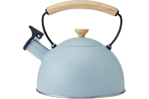 LA CAFETIÈRE La Cafetiere Bouilloire Sifflante à Poignée en Bois Résistante à la Chaleur, Bouilloire Légère et Résistante à la Rouille avec Bec Rabattable, Compatible avec Toutes les Cuisinières, 1,6 L, Bleu Ciel