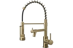 Warmiehomy Professional Kitchen Tap,High Arc Kitchen Taps with Pull Out Sprayer,360° Swivel Double Spouts Spring 1 Hole Sink Taps Mixer for Kitchen,Gold