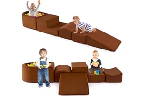 HOMFME Parcours Motricité Enfant avec Piscine à Balles, Aire de Jeux en Mousse Haute Densité 5 Pièces, Jeux d’Escalade et d’Activités pour Intérieur, Idéal pour Salle de Chambre (Brun)