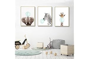 NORDIC IDEAS Juego de 3 Cuadros Animales Jirafa Cebra Elefante Pósteres Impresion en Lienzo Láminas Decorativas Pared Infantil Imagen de Niños Decorar Habitaciones de Bebe Regalo Impresiones de Lienzo PTANB004-L