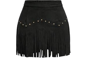 GORGLITTER Women's Vintage Fringe Mini Skirt Cowgirl Cowboy Outfits High Waisted A Line Faux Suede Party Skirts