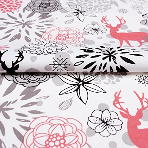 Stoff Meterware, Hirsch, Blumen, Pink, Baumwolle, schadstoffgeprüft, Bekleidungsstoff, Bettwäschestoff, Dekostoff, Dekoration, Weihnachtsstoff, Hirschstoff, Blumenstoff, Wild, Blümchen - 2