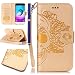 Produktbild FESELE Glitzer Bling Lederhülle für [Samsung Galaxy J3 2015/2016] Leder-Mappen-Karten-Slot-Abdeckung im Bookstyle mit Standfunktion, Samsung Galaxy J3 2015/2016 Prägung Schädel Rose Blume Strap LAN