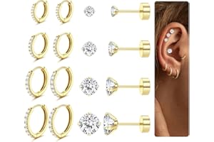 JeweBella 8 Paires Lot Boucles d'Oreilles Femme Acier Inoxydable 316L Hypoallergénique Piercing Oreille Plaqué Or 14K Boucles d'Oreilles Creoles Clous d'Oreilles Or/Argent Piercing Cartilage Helix
