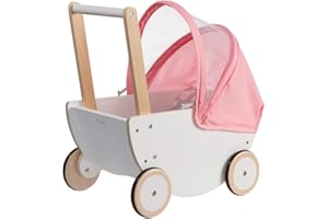 howa Passeggino in Legno per Bambole 'Cozy Cactus' - Passeggino per Bambole Legno con Materasso e Coperta, Cappuccio Regolabile, Bianco, Adatto per Bambini da 1 Anno, Dimensioni: 32x47x52 cm 2550