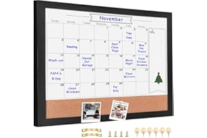Umtiti Monthly Calendar Dry Erase White Board & Cork Bulletin Board，13" x 17" Black Wood Frame，Magnetic Surface Whiteboard.Perfect for Organizing Your Space.Whiteboard+Cork-3442A-BK
