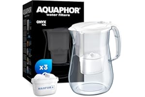 AQUAPHOR Filtr do wody onyks biały z 3 filtrami MaxFOR+ I 4,2 l filtr do wody o wyglądzie szkła I karafka I redukuje wapno i chlor, idealny dla rodziny, jakość premium, stylowy pojemnik