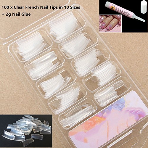 LyDia® Professional 10 Sizes 100pcs Package False/Fake French Nail Tips in most popular colours White/Clear/Natural for Nail Art Acrylic/UV Gel/French Nail/Nail Extension/Nail Decoration + Free 2g Nail Adhesive Glue (100pcs ClearNailTips-2+Glue)