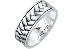 Kuzzoi Anillo de hombre oxidado macizo (7 mm) en plata de ley 925, accesorio vintage con estructura en espiga de pescado, anillo marcador para hombres en tamaño 60-66, 0601512921