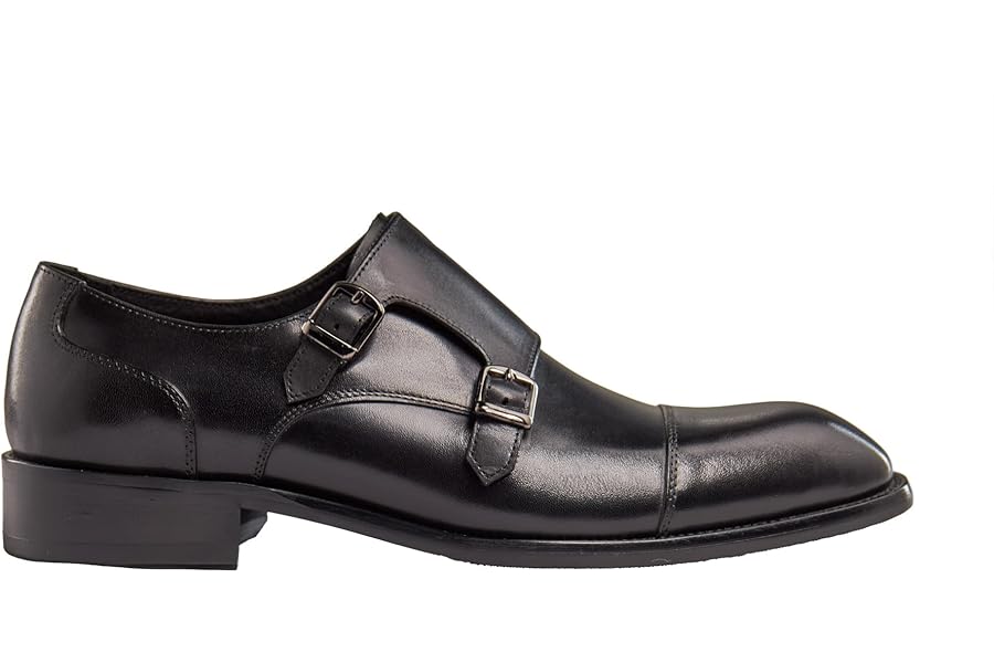 Men's Shoes with Double Buckle Monk Strap in Genuine Leather Smooth Shiny Handmade