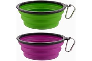 MOACC 2PZ Ciotole per Cani, Pieghevoli in Silicone, con Moschettone da Viaggio e Alpinismo, per L’Acqua e Cibo(1000ml,Viola e Verde)