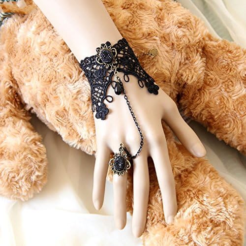 Five Season 1pcs Black Retro Lace Slave Bracelet With Ring Gothic Style Costume Jewelry#9