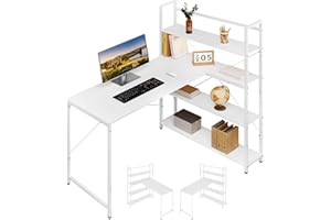 Klihome Biurko narożne w kształcie litery L, 120 cm, z 4 półkami 80 cm, biurkiem, stołem biurkowym, drewnianym i metalowym, białym, K0005TS