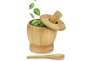 Flexzion Holzm�rser und St��el Set 5-Zoll Bambusschale und Mahlwerk Set, Holz Molcajete M�rser und Schale mit Deckel und L�ffel f�r Guacamole, Kr�uter, Gew�rze, Knoblauch, Medizin Pillen,