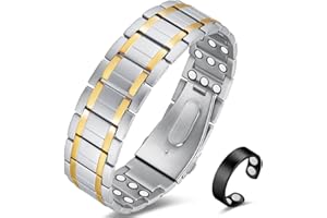 Vicmag Bracelet magnétique ajustable pour homme en titane pur 3 rangs avec outil d'ajustement et boîte cadeau pour une force exceptionnelle (argent et or)