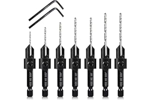 DKIBBITH 7Pcs M2 Countersink Drill Bit Set, 3in1 Wood Pilot Countersink Drill Bits Drilling #4#6#8#10#12 Screws Holes, with Adjustable Depth Stop, Quick Release Hex Shank, 2-Allen Wrench