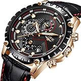 Herren Uhren,LIGE Chronograph Wasserdicht Military Sport Analog Quarzuhr Lederarmband Schwarz Zifferblatt Datum Kalender Business Casual Luxus Armbanduhren Rose Gold Schwarz
