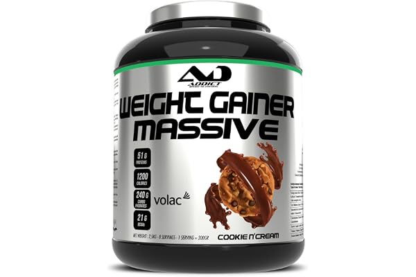 Addict sport nutrition - Weight gainer massive - Prise de masse musculaire avec protéine concentrée - Ultra calorique 1200 kcal par dose - 51g de protéine et 21g de BCAA - 2,5 kg - Goût cookie