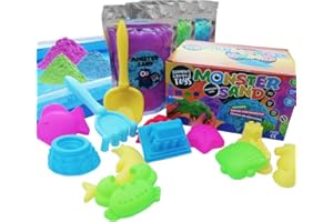 Monster Sand Mega Set, 16 Piece Box Set - Magic Motion Play Sand - Included Inflatable Play Pit, 3x 250g Sand Bags, Blue, Purple & Green, 10x Moulds and 2 xTools for Boys and Girls
