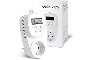 VIESTA® TH12 Termostat gniazdkowy – Cyfrowy (230V/3600W), programowalny z pamięcią EEPROM, ochroną przed mrozem, programem tygodniowym i wyświetlaczem temperatury – do ogrzewaczy i urządzeń