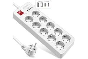 10-Fach Mehrfachsteckdose Überspannungsschutz Bis 1700 Joule, Steckdosenleiste mit USB C, Steckerleiste mit Schalter 4 USB und 10 Steckdosen Wandmontage Verteilersteckdose Schuko Stecker 1.5m,Weiß