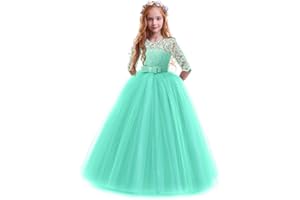 IWEMEK Enfants Fille Robe de Carnaval Princesse Longue en Dentelle avec Bowknot Demoiselle d'honneur Robe de Soirée Mariage Robe de Première Communion Anniversaire Fête Photographie 2-14 Ans