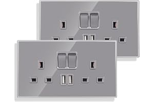JIMEIDA 2 Pack Grey Double Switched Socket with 2 USB Charging Ports Crystal Glass Panel Wall Outlet Electric Power Socket