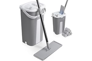 VOUNOT® Balai Microfibre et Seau Essoreur avec 6 Serpillères Réutilisables Balai Plat Seau Auto Lavage Double Compartiment Humide et Sec Manche INOX Rotatif 360° Tous Type de Sol Gris