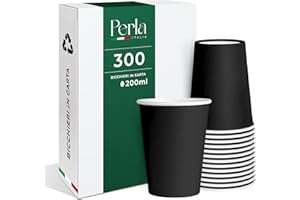 PERLA ITALIA Perla - 300 Bicchieri in Carta da 200ml Ecologici Biodegradabili Monouso - Adatto per Bevande Fredde e Calde - Prodotto e confezionato in Italia - Made in Italy (Nero)