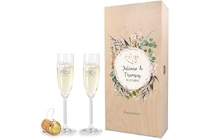 GRAVURZEILE Leonardo Flûtes à champagne avec gravure du nom et de la date - Design floral - Cadeau de mariage, de fiançailles ou d'anniversaire - Avec boîte en bois vintage imprimée - Cadeau de mariage