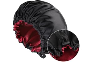 MUFEKUM Large Adjustable Double Sided Satin Bonnet, Silk Bonnet for Women, Girls & Men's Hair Care, Sleep Cap for Curly & Black Hair (Black)