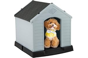 GYMAX Outdoor Hundehütte mit Schrägdach & erhöhtem Boden, Hundehaus aus Kunststoff, Wetterfeste Hundehöhle im Landhausstil (Grau + Schwarz, 72,5 x 66 x 70,5 cm)