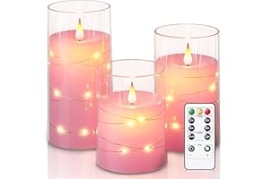 Homemory Flameless Candles Flickering with String Lights, Fairy Lights LED Candles, Electric Candle with Remote Control and Timer, Battery Operated Candle, Pink, Acrylic, Set of 3