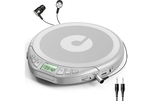 Gueray Lecteur CD Portable avec Casque Écran LCD Protection Anti-Saut Lecture HiFi Classique Fonction Mémoire Prog Lecteur CD Personnel pour Voiture Maison (Argent)