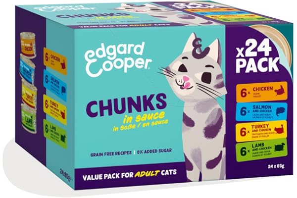 Edgard & Cooper pâtée Chat Morceaux Multipack (Poulet/Saumon/Dinde/Agneau, 24 x 85g), pour Chats stérilisés ou Actifs, ingrédients naturels