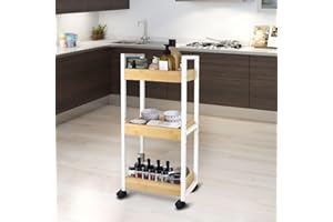 LANTUS Étagère Mince de Salle de Bains, Gain de Place, Bambou, Chariot de Rangement à 3 Niveaux sur roulettes,Étagère Debout 3 paniers dim. 30L x 20l x 80H cm-Blanc