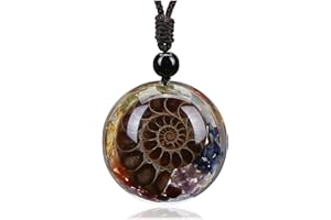 JOVIVI 7 Chakra Healing Crystal Stone Necklace Ammonite Fossil Natural Round Gemstone Spiral Protection Amulet Pendant Necklace for Women Men Jewellery