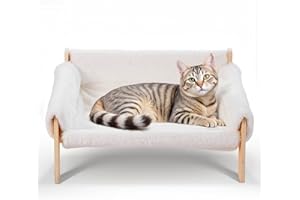 The Fellie Large Cat Sofa Bed, Sturdy Wooden Cat Hammock for Indoor Cats, Soft Cats Couch with Removable Washable Cover, Wooden Pet Sofa Suitable for Kitten, Puppy Up to 10 kg, 56 x 45 cm, White