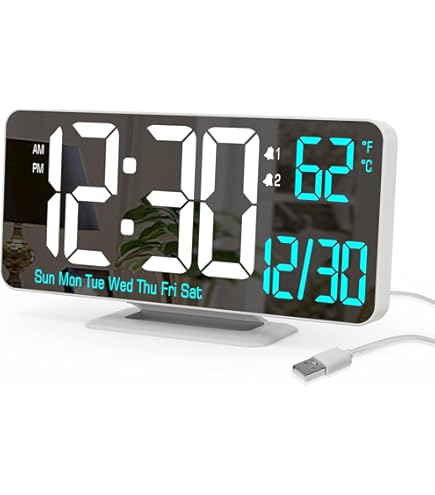 Zerodis Réveil Numérique Miroir Avec Grand écran LED : Th 2 Niveaux De Luminosité Horloge Numérique Incurvée Affichage De La Température Fonction Snooze Pour Chambre à Coucher (lumière Bleue