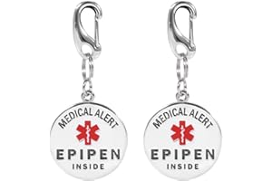 MEDMAX 2er Pack Epipen Inside Schlüsselanhänger mit Schnellclip, doppelseitiger medizinischer Warnanhänger aus Edelstahl für Diabetiker-Reise-Tragetasche, Medikamenten Organizer Tasche