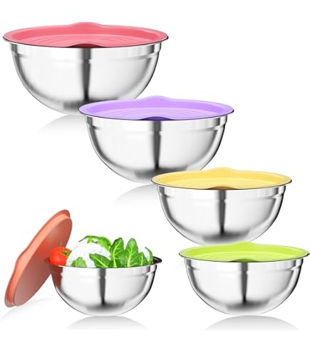 Juego De 5 Cuencos De Acero Inoxidable Con Tapa - Capacidades 4.5L A 0.7L | Apto Para Lavavajillas Y Congelador | Apilables