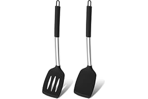 Onader Silicone Spatula Pack of 2, Non-Stick Kitchen Slotted Solid Turners with Stainless Steel Handle, Ideal for Fish, Egg, Pancake, Heat Resistant & Dishwasher Safe, Black