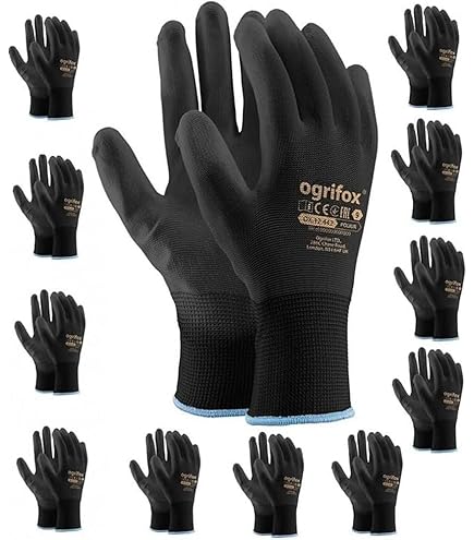 Ogrifox Guanti da lavoro in nylon rivestito in poliuretano nero, per giardinaggio, edilizia, meccanica, confezione da 24 paia Black Small