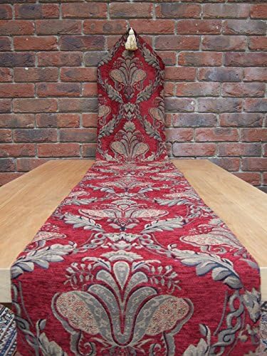 Burgundy, Red and Gold Table Runner HALF PRICE 230cm x 33cm. A stunning table centre piece rich and elegant with strong colours and a soft luxurious feel finished with tassels on the ends and backed with a cotton lining.