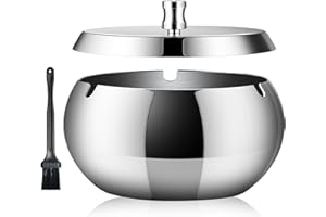Geoyien Aschenbecher mit rauchabsorbierendem Deckel, Reinigungsbürste, Schutz vor Wind und Geruch, ideal für Wohnzimmer, Büro, Garten, Balkon (Silber)