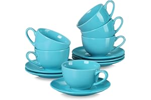 LOVECASA Serie Sweet Servizio da Caffè in Porcellana per 6 Persone, Set da 12, 6 Tazza da Cappuccino e 6 Piattini, 230 ML, Azzurro
