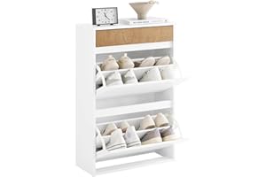 SoBuy Zapatero Entrada Recibidor Mueble Recibido con Cajón - Armario Zapatero Blanco y Madera con 2 Puertas Abatibles y Estante Ajustable - Ideal para Espacios Reducidos, 61x26x91cm, FSR205-WN